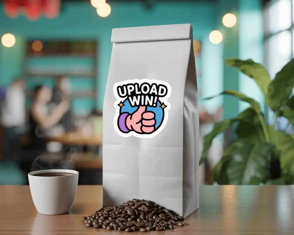 Realistic Coffee Packaging Sticker Mockup With Coffee Beans And Hot Coffee Cup