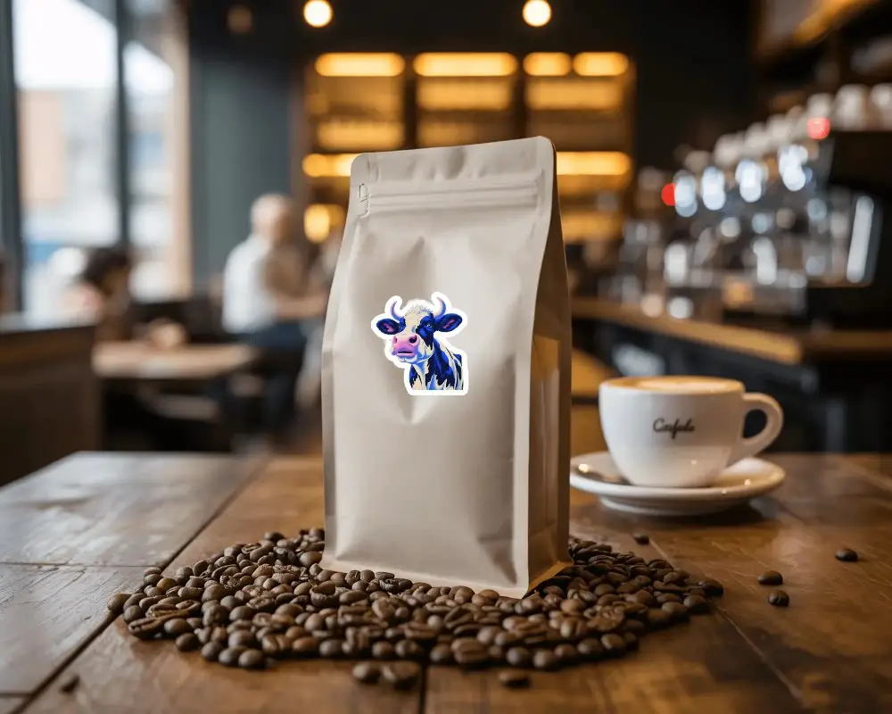 Coffee Bean Bag Sticker Mockup With Coffee Cup On Wooden Table In Cozy Cafe Setting