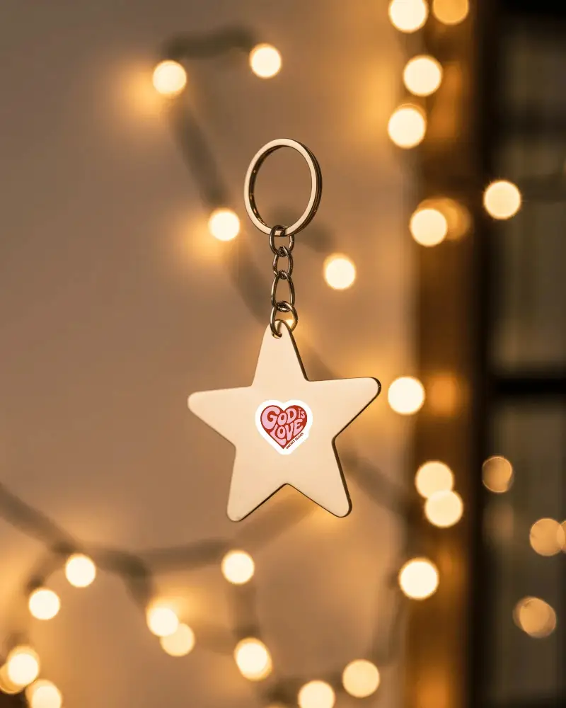 Custom Star Shaped Keychain Sticker Mockup With Soft Glowing Bokeh Lights Background