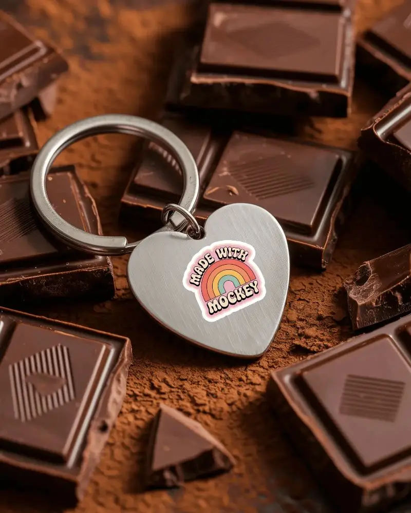 Custom Heart Shaped Metal Keychain Sticker Mockup With Polished Finish