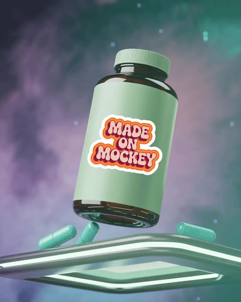 Medical Vitamin Bottle Sticker Mockup With Capsules Floating Over Futuristic Glowing Stand