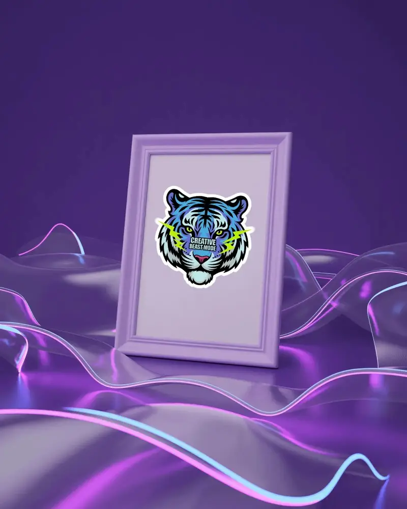 Clean Frame Sticker Mockup On Glossy Rippled Fabric With Colorful Light Strips