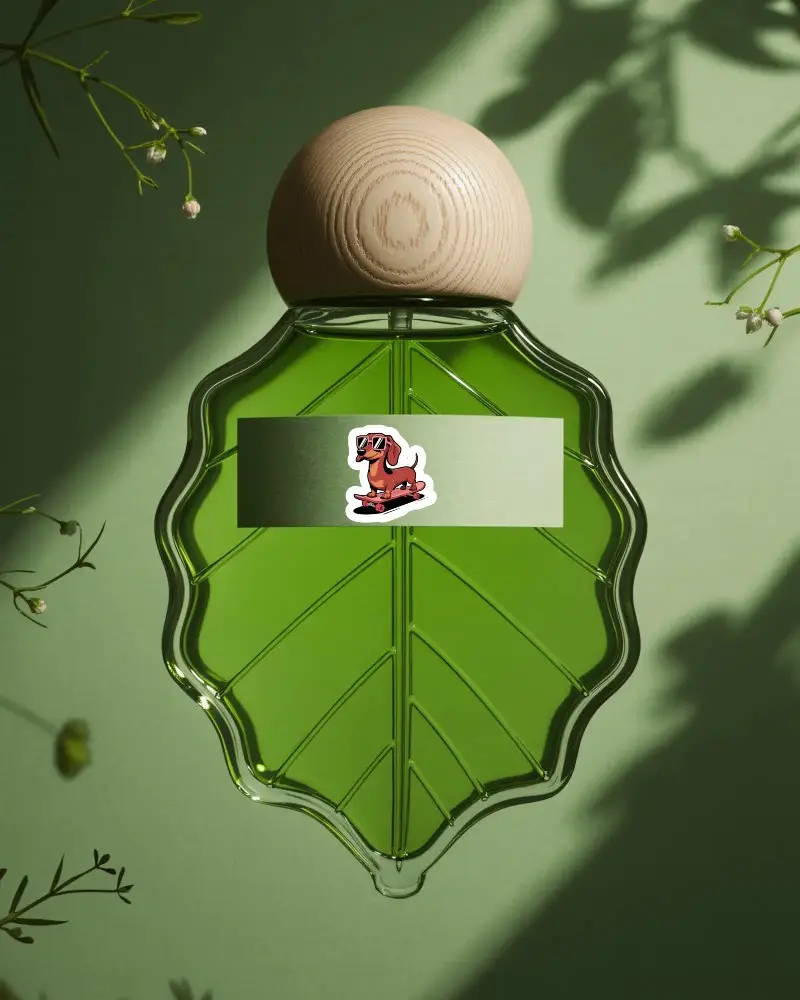 Natural Inspired Bottle Packaging Sticker Mockup With Transparent Leaf Shape And Clean Label Space