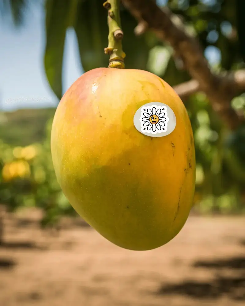 Ripe Mango Hanging On Tree With Sticker Mockup For Branding And Packaging Design Presentation