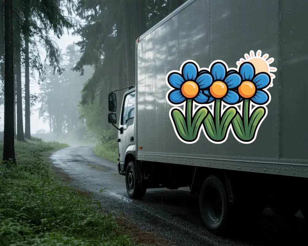 Large Commercial Truck In Forest On Rainy Winding Road Delivery Sticker Mockup