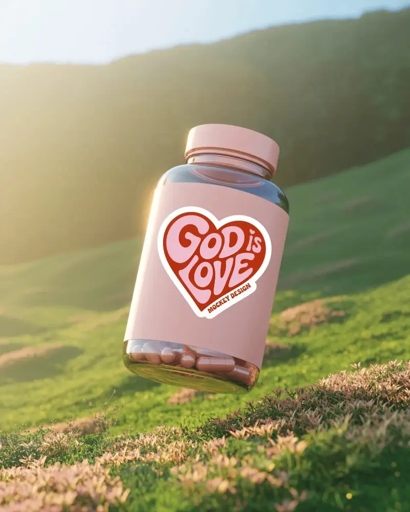 Floating Transparent Pill Bottle With Blank Sticker Label Mockup In Nature