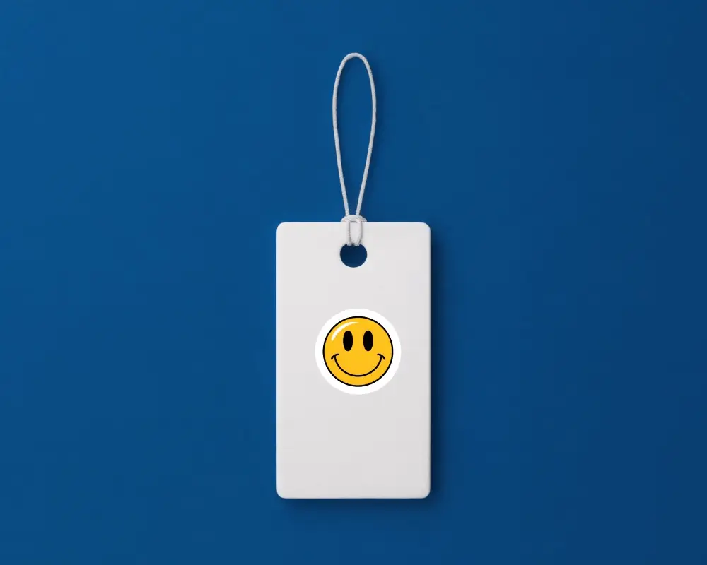 Vertical Label Sticker Mockup Hanging On Blue Background Minimal Brand Display