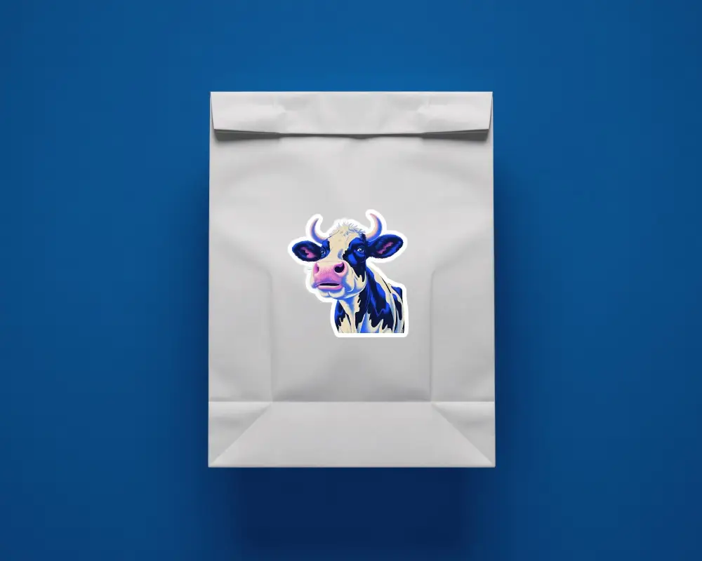 Paper Bag Sticker Mockup On Bold Blue Background Clean Packaging Minimal Brand Visual