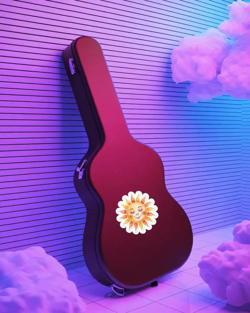 Sticker Mockups Modern Guitar Case Standing In Vibrant Purple Studio With Soft Cloud Elements