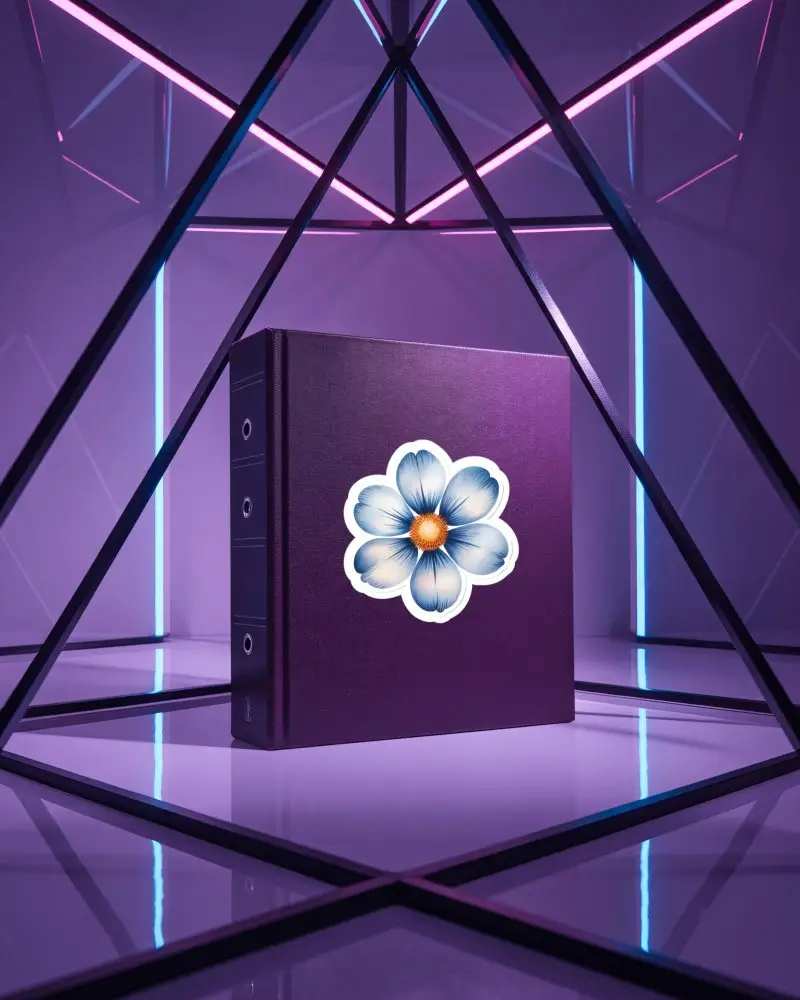 Sticker Mockups Minimal Book Or Binder Standing In Neon Geometric Frame With Reflective Floor