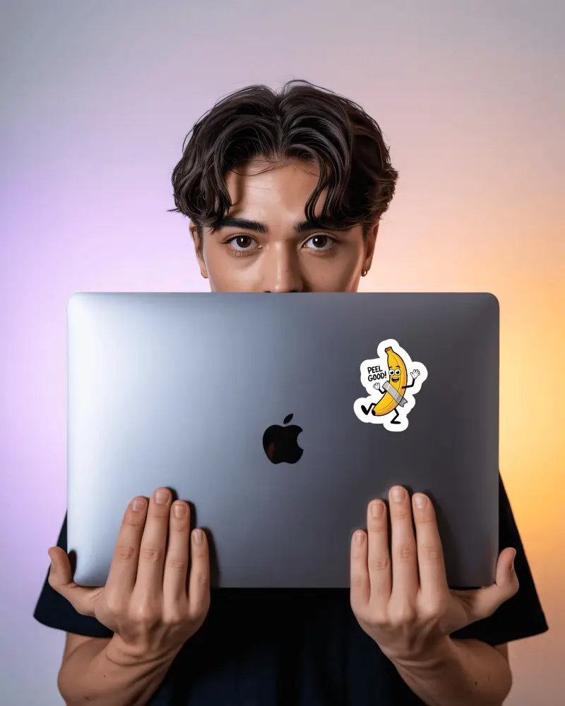 Sticker Mockups Young Man Holding Laptop In Front Of Face With Clean Gradient Background