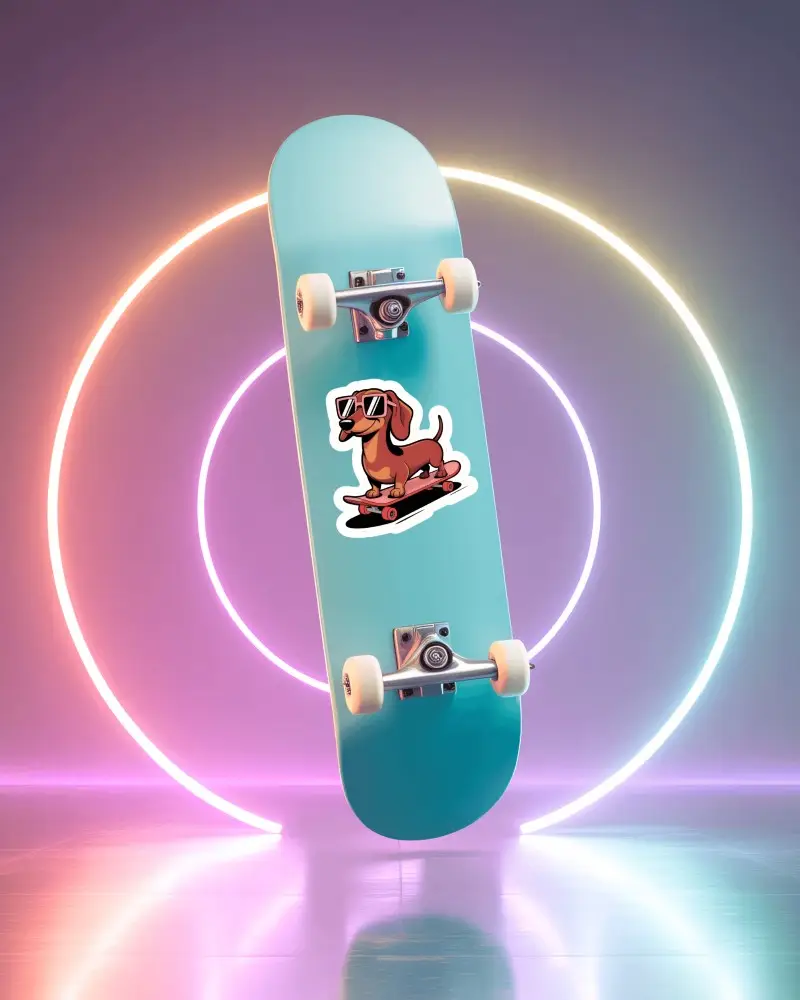 Sticker Mockups Skateboard Standing Vertical With Neon Circle Lights And Glossy Reflective Floor