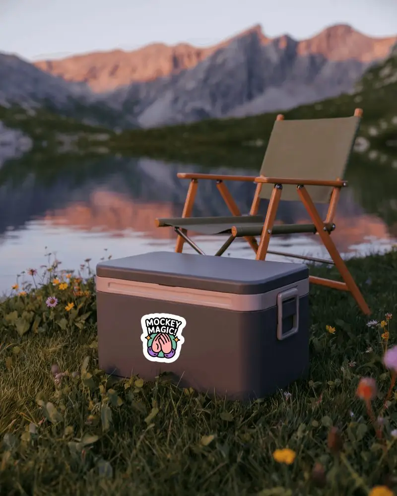 Sticker Mockups Outdoor Camping Cooler And Folding Chair By Mountain Lake At Golden Hour