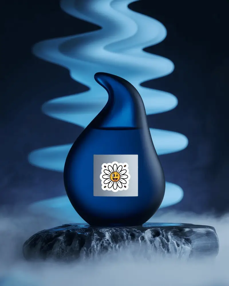 Sticker Mockups Abstract Liquid Bottle On Stone Podium With Blue Light Trails And Moody Fog