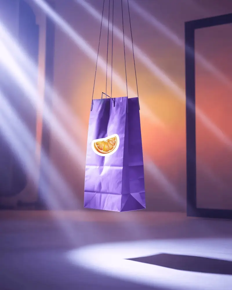Sticker Mockups Hanging Purple Shopping Bag In Soft Sunlit Studio With Dramatic Light Beams