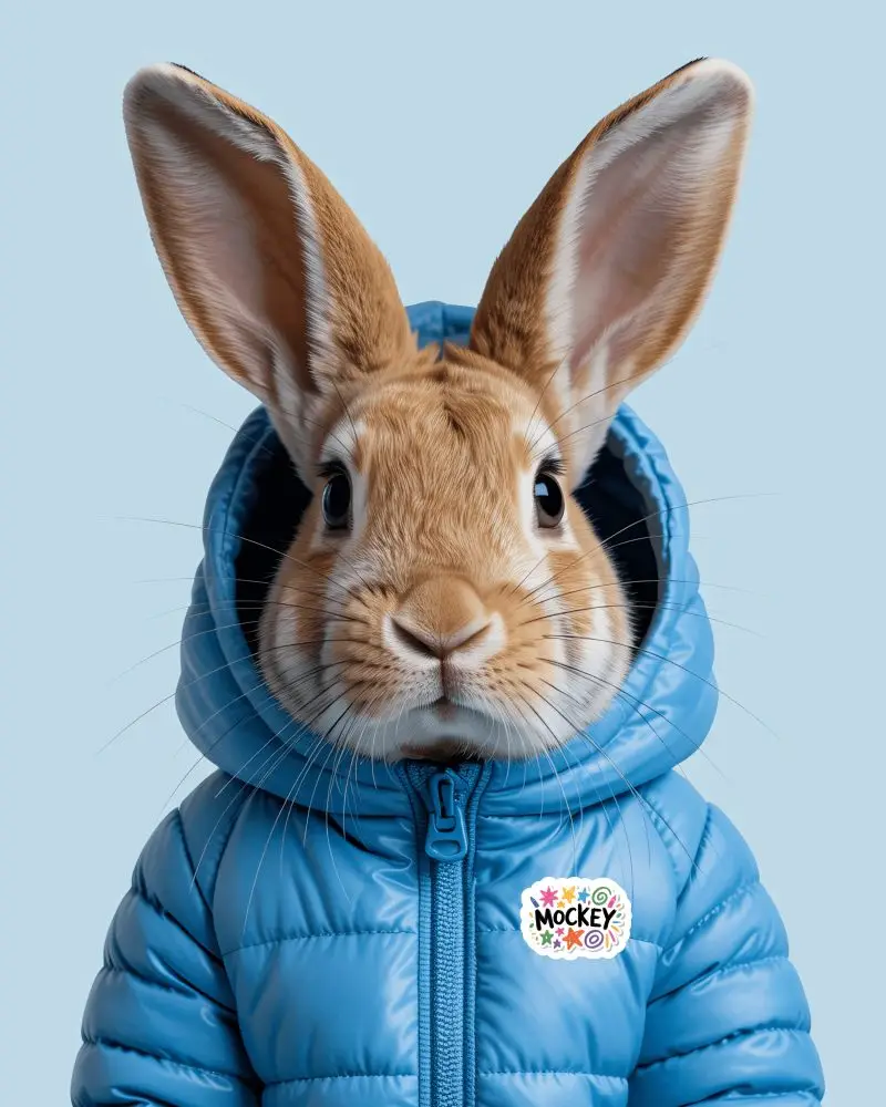 Sticker Mockups Cute Bunny Wearing Blue Puffer Jacket In Clean Studio Portrait Style
