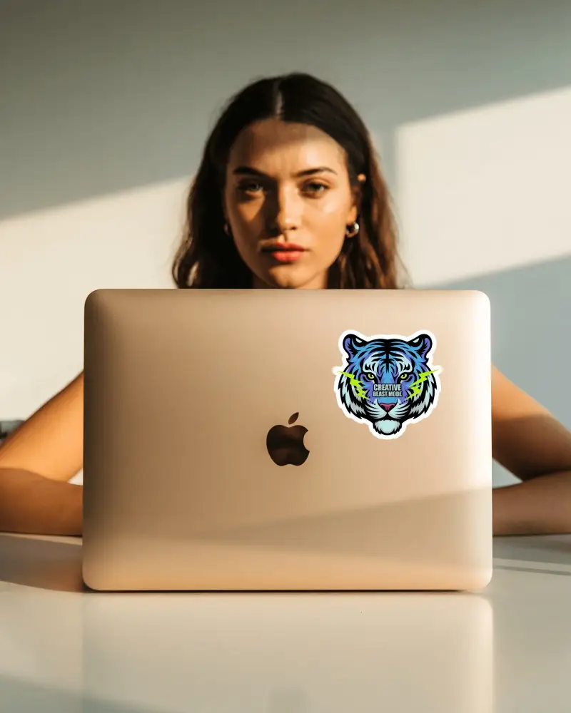 Sticker Mockups Confident Woman Working On Laptop In Sunlit Interior With Clean Minimal Desk