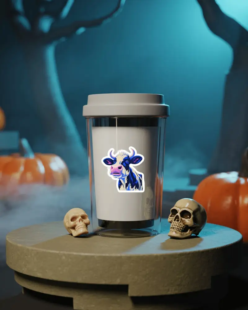 Sticker Mockups Halloween Coffee Cup On Stone Podium With Skulls Pumpkins And Misty Night Scene