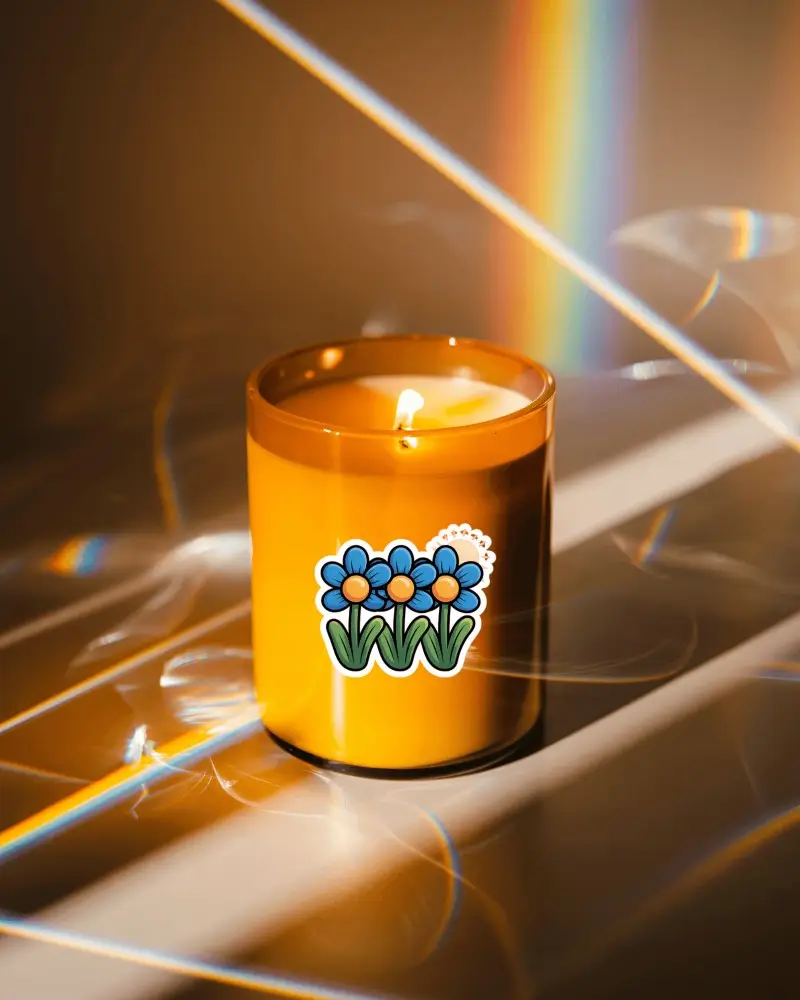 Sticker Mockups Amber Glass Candle Lit With Soft Flame And Prismatic Light On Minimal Surface