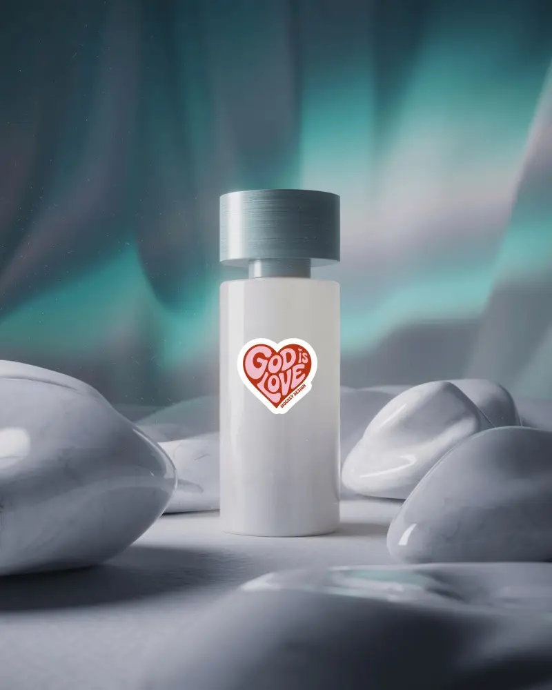 Sticker Mockups Minimal Cosmetic Bottle On Smooth Stone Surface With Soft Aurora Inspired Lighting
