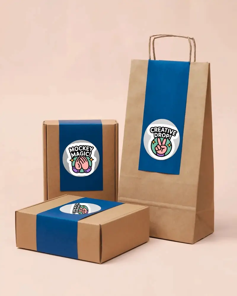 Ecofriendly Packaging Boxes With Customizable Round Label Sticker Mockup Design Template