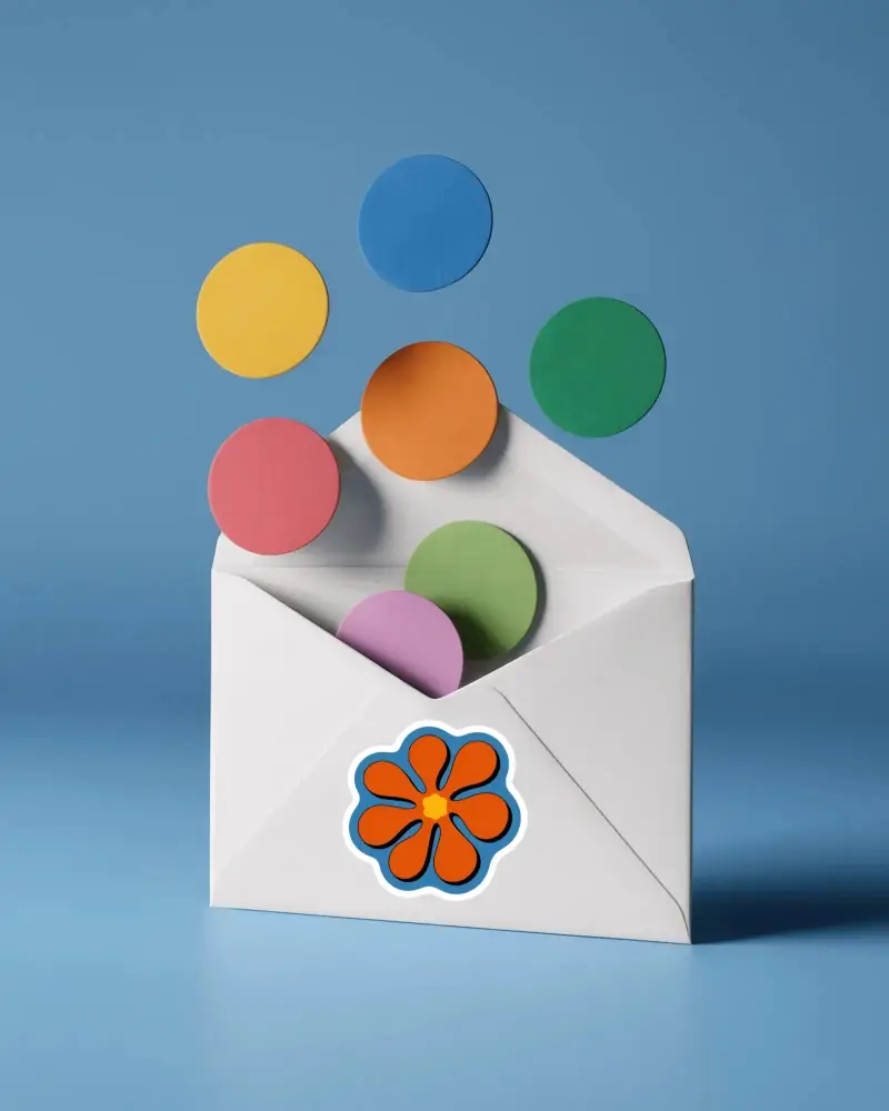 Colorful Round Stickers Flying Out Of Open Envelope On Solid Background Sticker Mockup