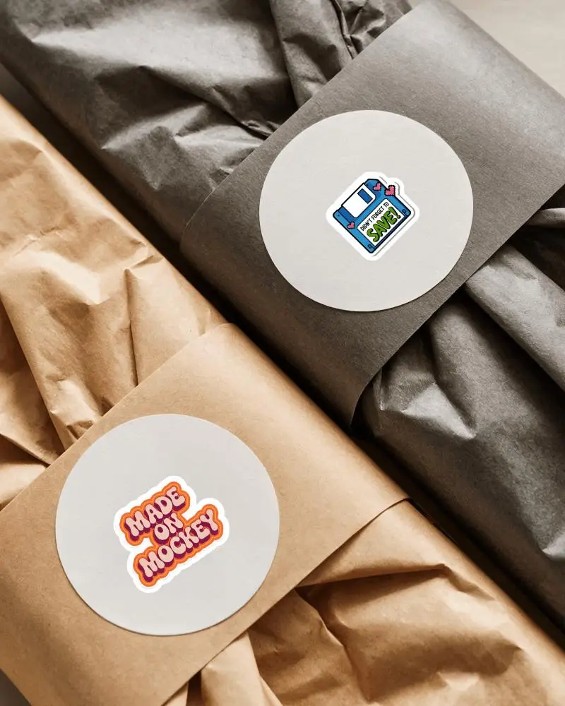 Kraft Paper Sticker Mockup Round Label On Wrapped Package Minimal Branding Top View