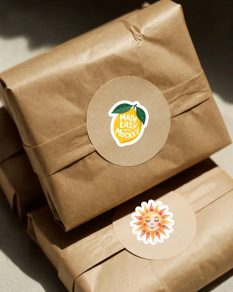 Kraft Package Sticker Mockup Round Label On Stacked Paper Wrap Warm Natural Light