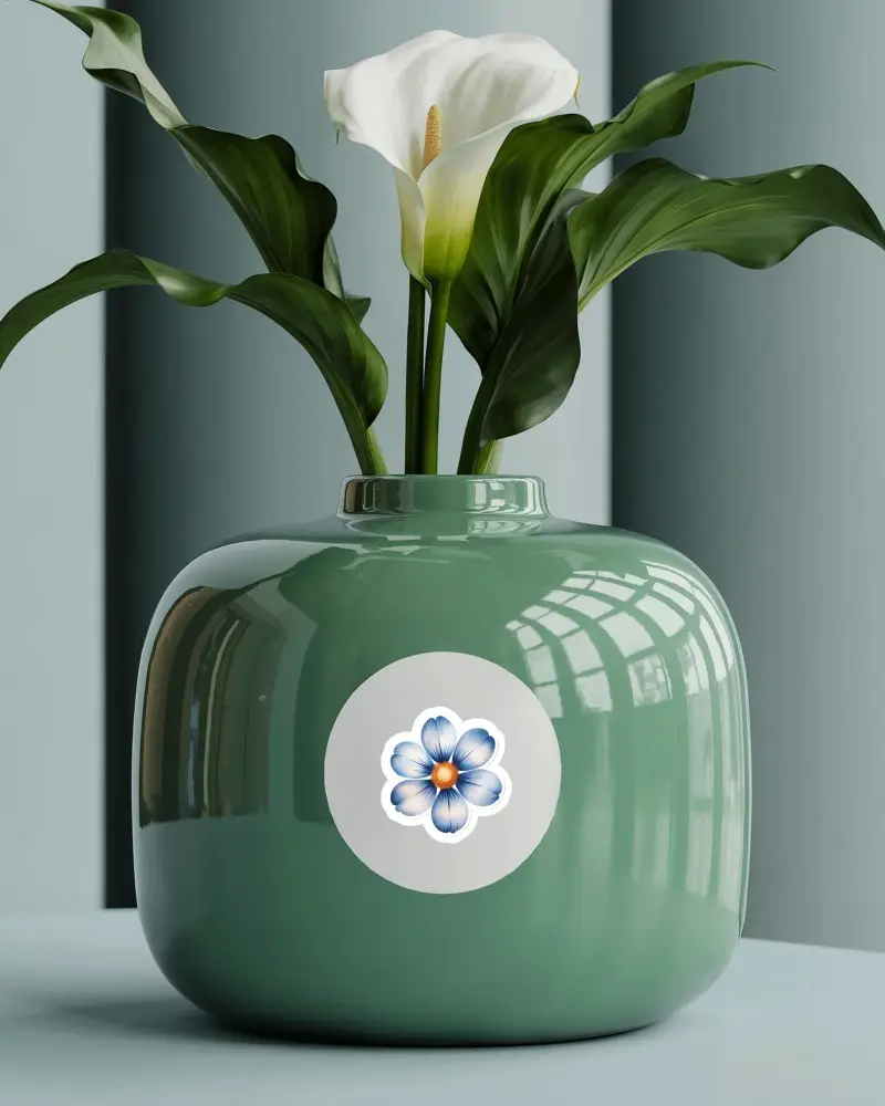 Ceramic Vase Sticker Mockup Round Label On Glossy Green Vase With Floral Arrangement Modern Interior