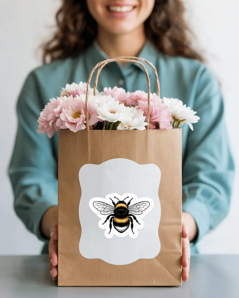Gift Bag Sticker Mockup White Label On Kraft Paper Bag Held By Person Floral Arrangement