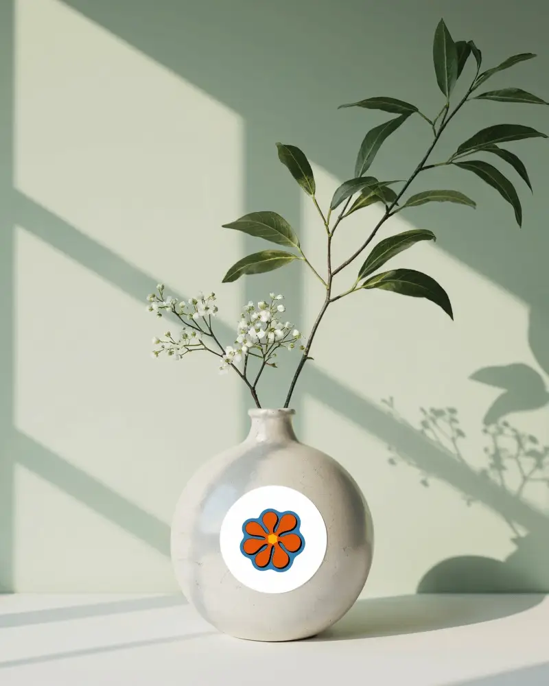 Ceramic Vase Sticker Mockup Round Label On Minimal Vase With Branches Soft Sunlight Interior