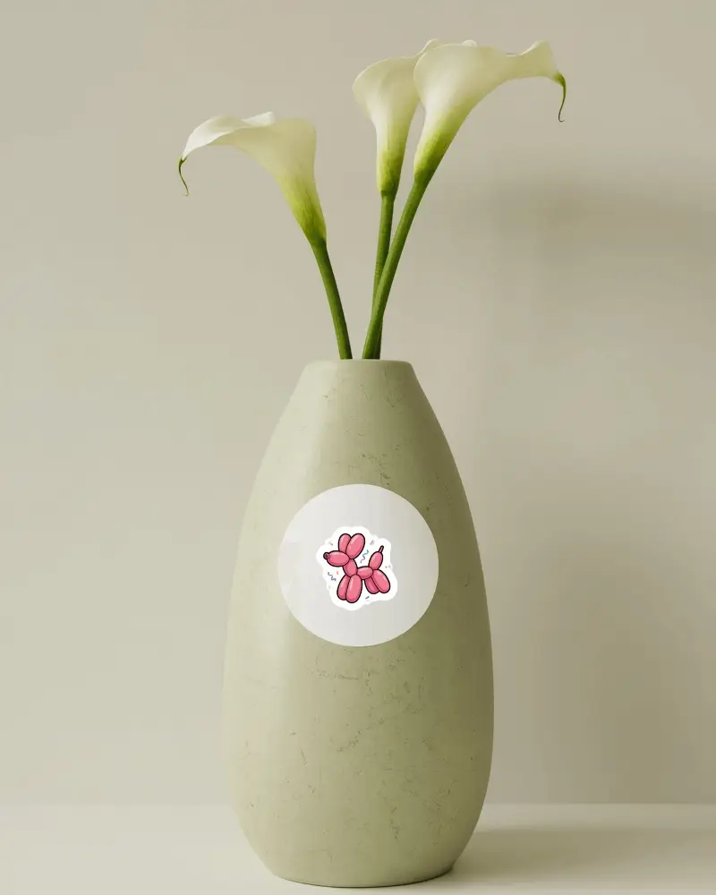 Minimal Ceramic Vase Sticker Mockup Round Label On Tall Vase With Calla Lilies Clean Studio