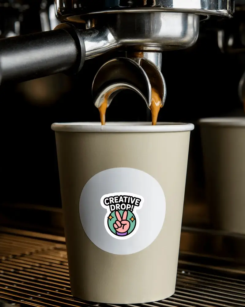 Coffee Cup Sticker Mockup Round Label On Paper Cup Under Espresso Machine Barista Scene