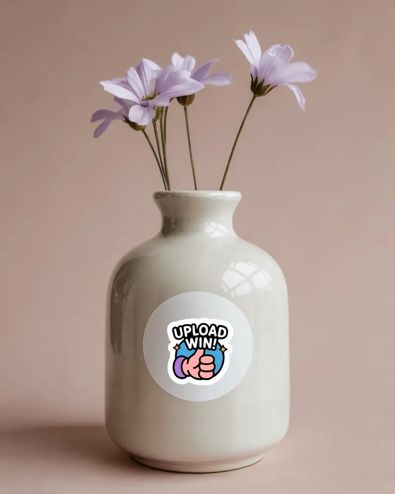 Ceramic Vase Sticker Mockup Round Label On Glossy Vase With Soft Purple Flowers Minimal Backdrop