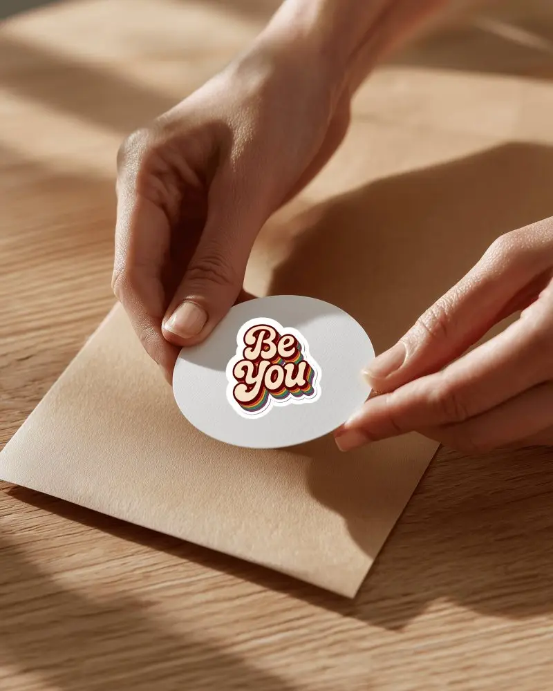 Hand Applied Sticker Mockup Round Label Being Placed On Kraft Envelope Warm Natural Light