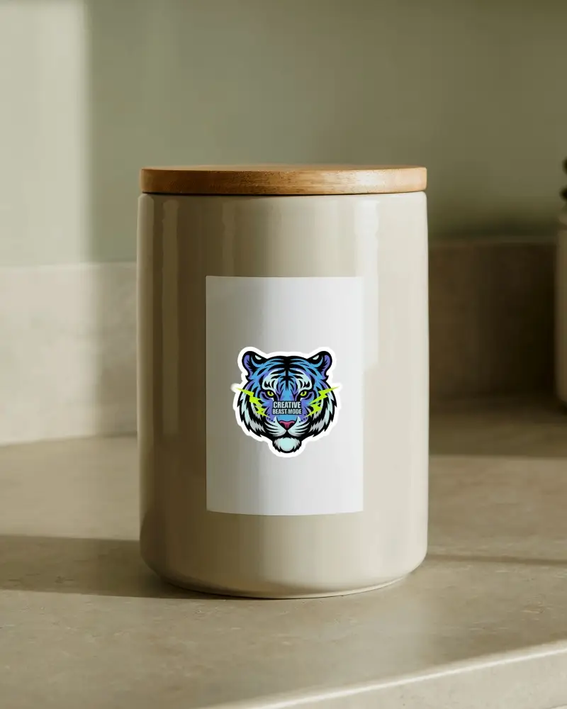 Ceramic Jar Sticker Mockup Rectangular Label On Kitchen Canister Soft Natural Light Setting