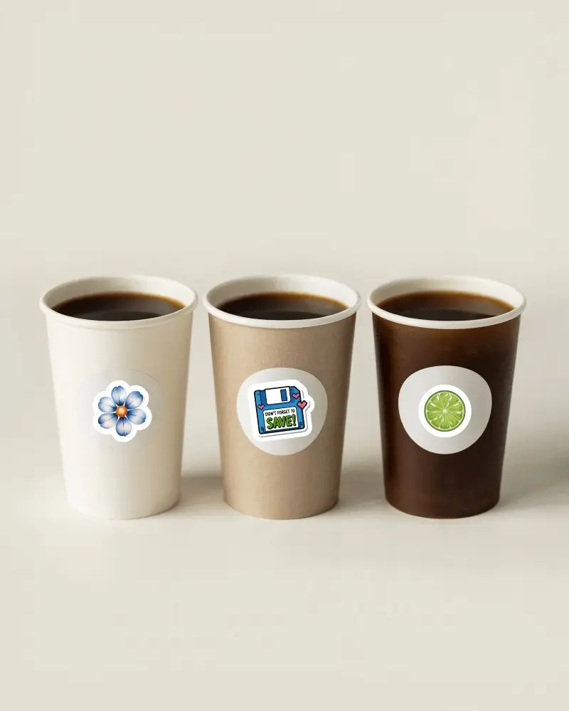 Takeaway Cup Sticker Mockup Multiple Paper Cups With Circular Labels Minimal Arrangement