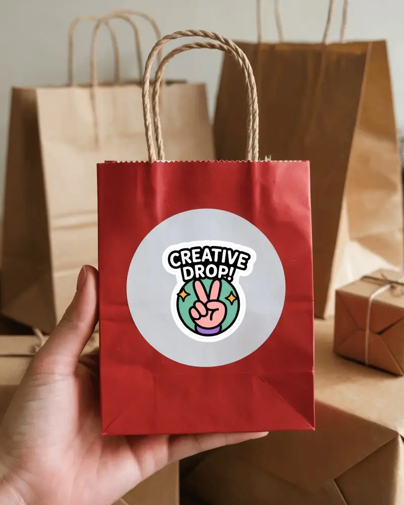 Red Paper Bag Sticker Mockup Round Label Handheld Retail Packaging With Kraft Bags Background