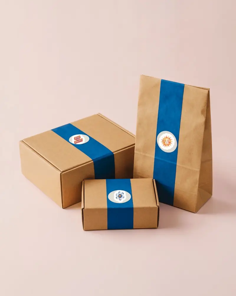 Kraft Packaging Box And Paper Bag Sticker Mockup Minimal Beige Studio Background