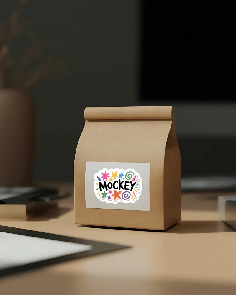 Desk Workspace Kraft Paper Packaging Sticker Mockup With Clean White Label Modern Office Lighting