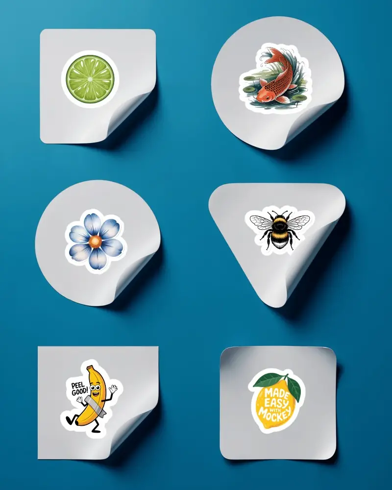 Peeling White Sticker Shapes Mockup Set On Blue Background Minimal Product Display