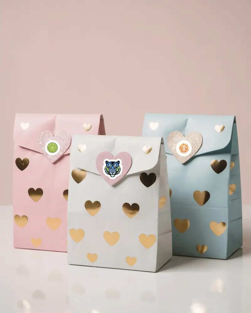 Valentines Themed Paper Gift Bag Sticker Mockup With Heart Decorative Design Display