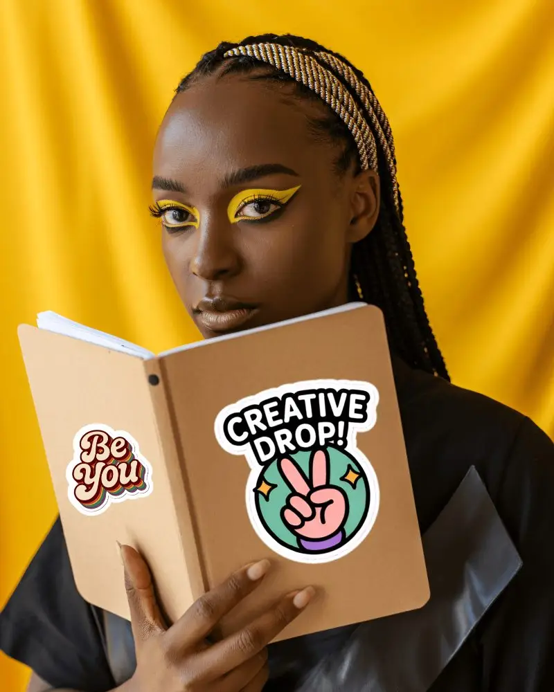 Woman Holding Open Notebook Sticker Mockup Close Up Portrait With Vibrant Yellow Draped Background