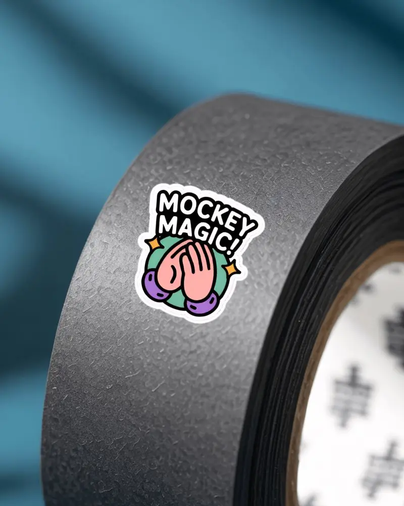 Black Adhesive Sticker Tape Roll Mockup Close Up Textured Surface Blue Studio Background