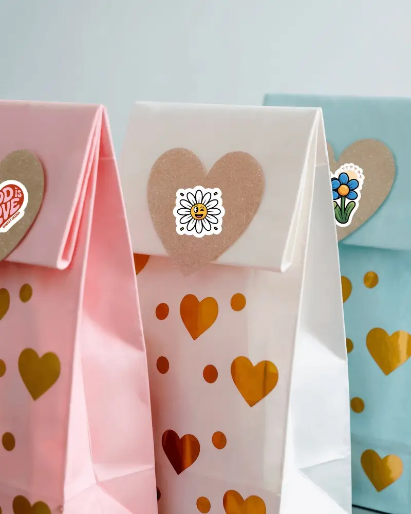 Valentines Gift Bag Sticker Mockup With Heart Pattern Pastel Studio Product Display