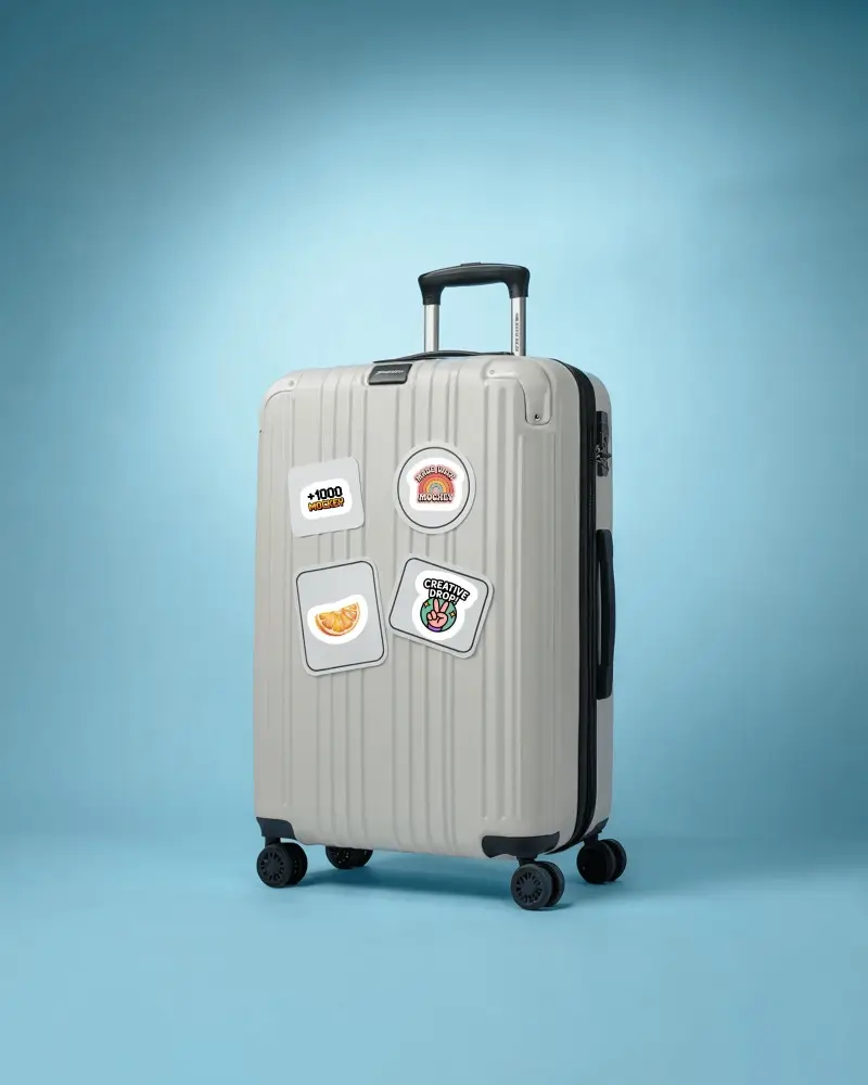 Modern Luggage Sticker Mockup With Round And Square Stickers Minimal Product Display