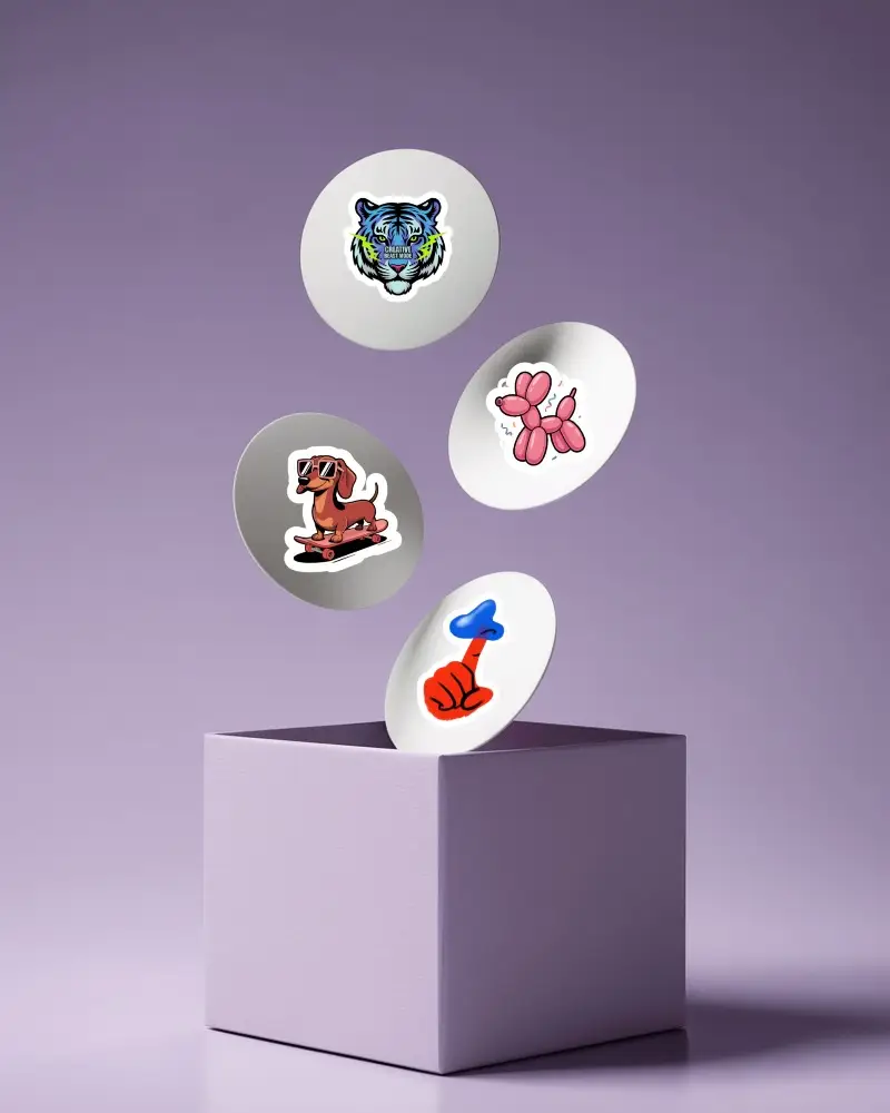 Floating Round Sticker Mockup Above Cube Platform Minimal Purple Studio Background