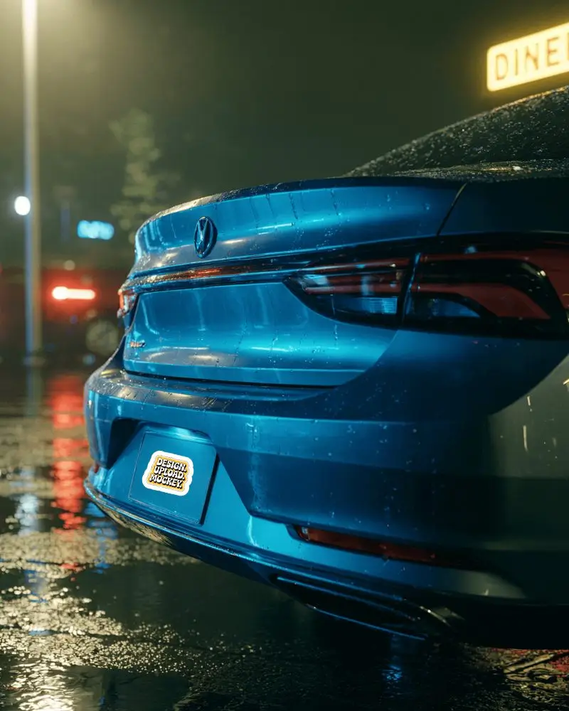 Rainy Night Car Bumper Sticker Mockup Urban Street Neon Reflections Cinematic Scene