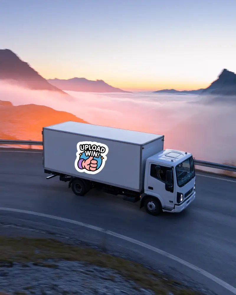 Mountain Road Delivery Truck Sticker Mockup Driving Through Misty Sunrise Landscape