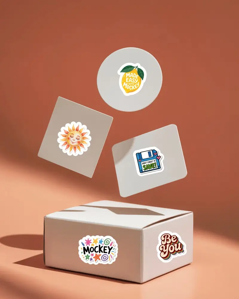 Floating Sticker Shapes Mockup Above Cardboard Box Warm Orange Studio Background